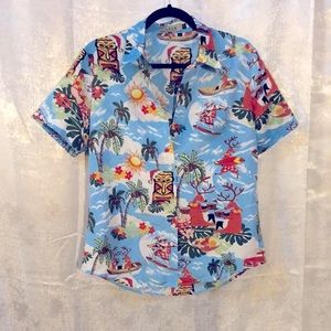 SSLR women’s tropical Christmas themed button down women’s shirt size medium